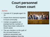 Court personnel Crown court Juries Consist of 12 people aged 18-70 Drawn from...