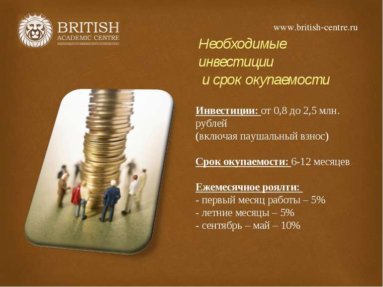 Необходимые инвестиции и срок окупаемости Инвестиции: от 0,8 до 2,5 млн. рубл...