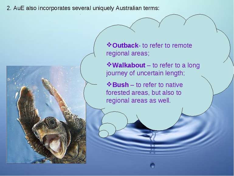 2. AuE also incorporates several uniquely Australian terms: Outback- to refer...