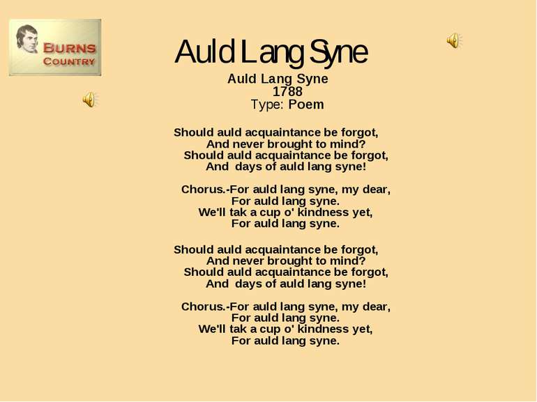 Auld Lang Syne Auld Lang Syne 1788 Type: Poem Should auld acquaintance be for...