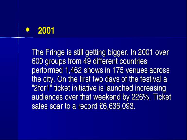 2001 The Fringe is still getting bigger. In 2001 over 600 groups from 49 diff...