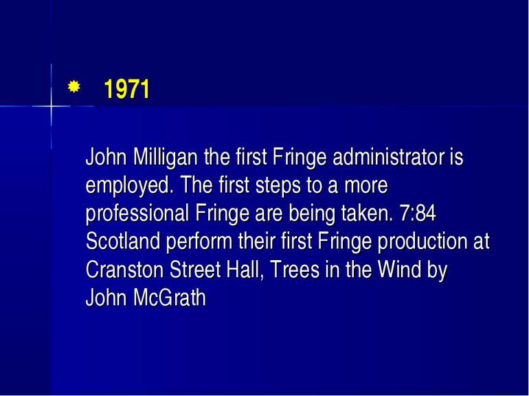 1971 John Milligan the first Fringe administrator is employed. The first step...