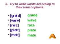3. Try to write words according to their transcriptions. [greId] [weIv] [reIz...