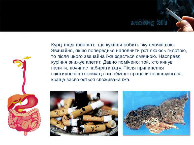 Шлунково-кишковий тракт Курці іноді говорять, що куріння робить їжу смачнішою...