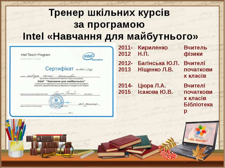 Тренер шкільних курсів за програмою Intel «Навчання для майбутнього» 2011- 20...
