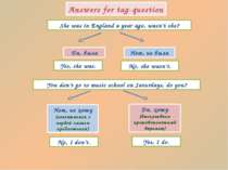 Answers for tag-question She was in England a year ago, wasn’t she? Да, была ...