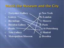 Tretyakov Gallery a) New York Louvre b) London Hermitage c) Moscow Dresden Ga...