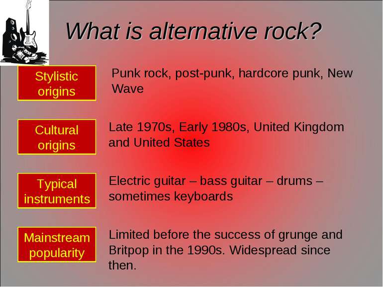 What is alternative rock? Stylistic origins Cultural origins Typical instrume...