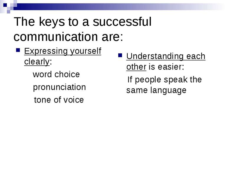 The keys to a successful communication are: Expressing yourself clearly: word...