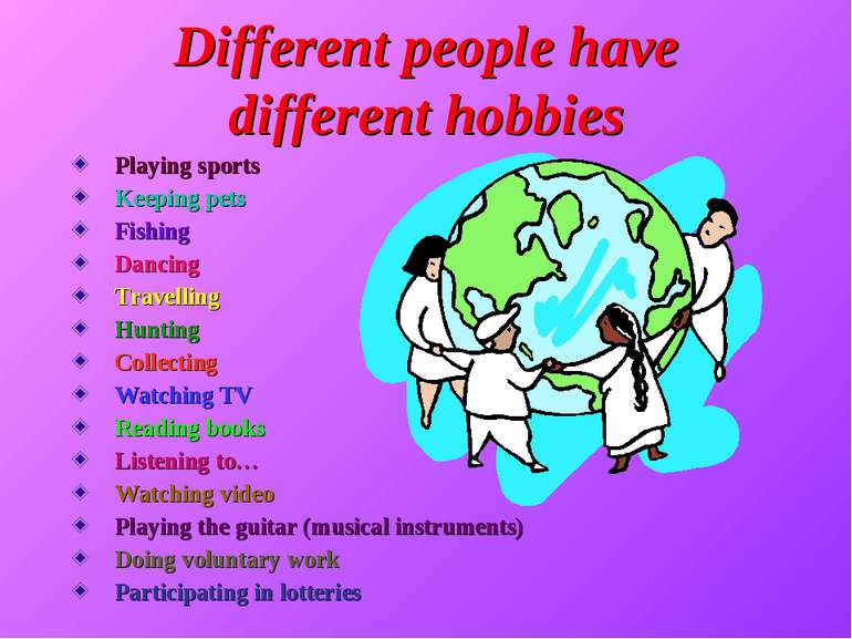 Different people have different hobbies Playing sports Keeping pets Fishing D...