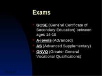 Exams GCSE (General Certificate of Secondary Education) between ages 14-16 A-...