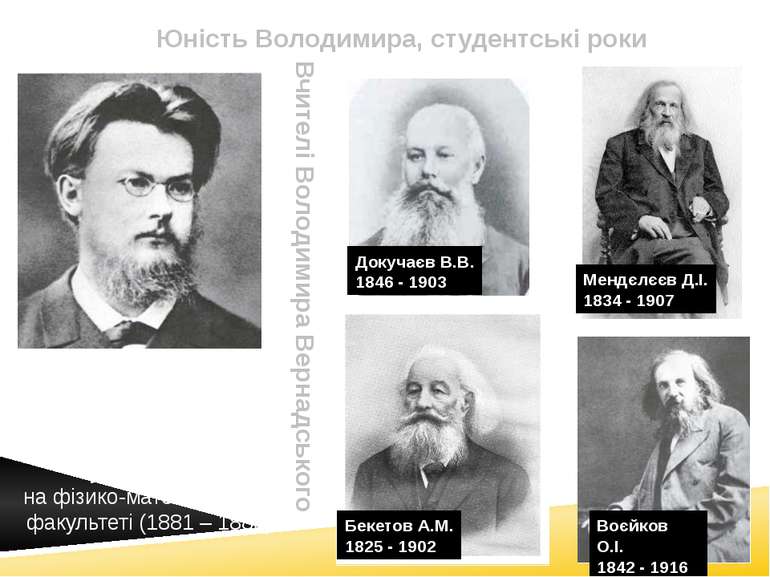 Юність Володимира, студентські роки 1886 рік Навчався В.І.Вернадський в Петер...