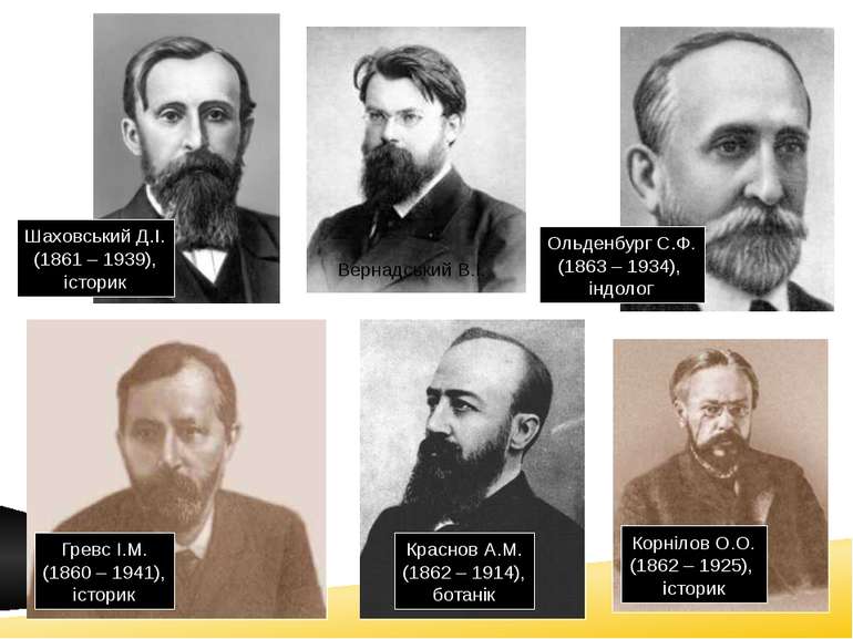 Шаховський Д.І. (1861 – 1939), історик Ольденбург С.Ф. (1863 – 1934), індолог...