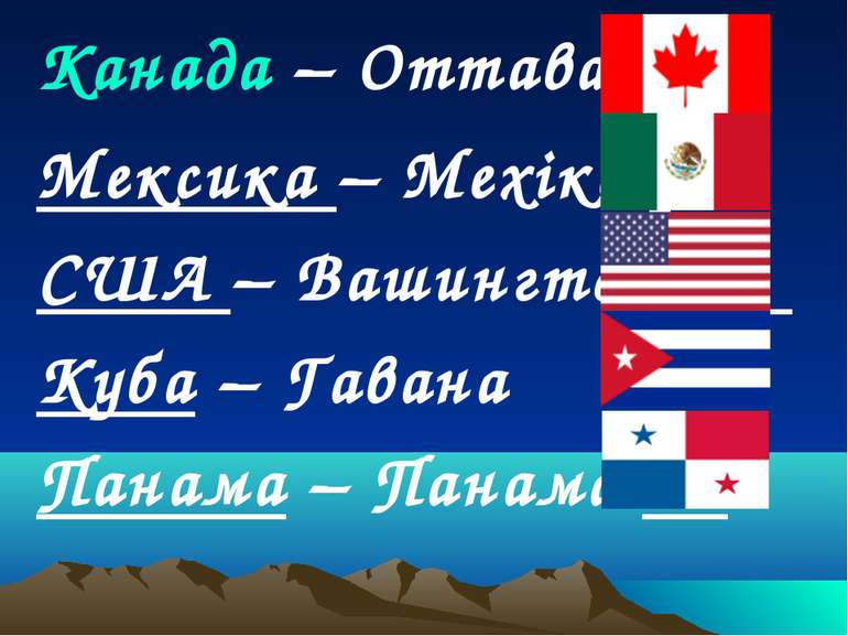 Канада – Оттава Мексика – Мехіко США – Вашингтон Куба – Гавана Панама – Панама