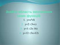 Знайти область визначення таких функцій: 1. у=х²+8 у=2: (3+х) у=1: (2х-16) у=...