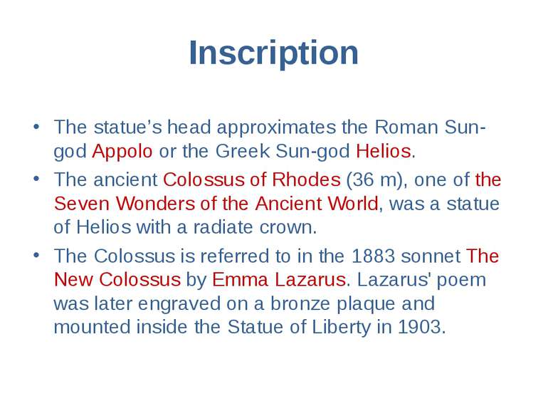Inscription The statue’s head approximates the Roman Sun-god Appolo or the Gr...
