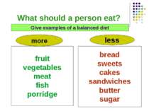 What should a person eat? Give examples of a balanced diet more less fruit ve...