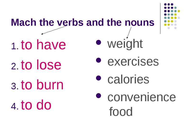 Mach the verbs and the nouns to have to lose to burn to do weight exercises c...