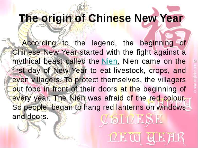 The origin of Chinese New Year According to the legend, the beginning of Chin...