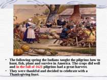 The following spring the Indians taught the pilgrims how to hunt, fish, plant...