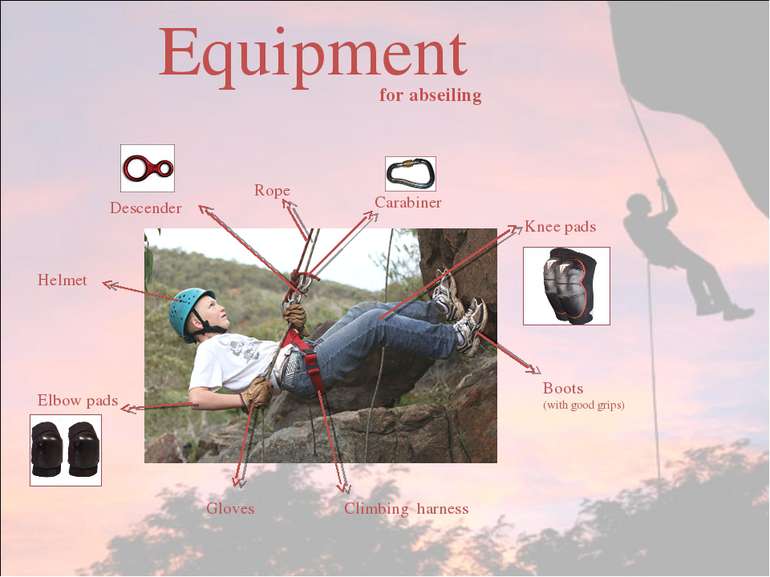 Equipment Gloves Climbing harness Boots (with good grips) Knee pads Elbow pad...