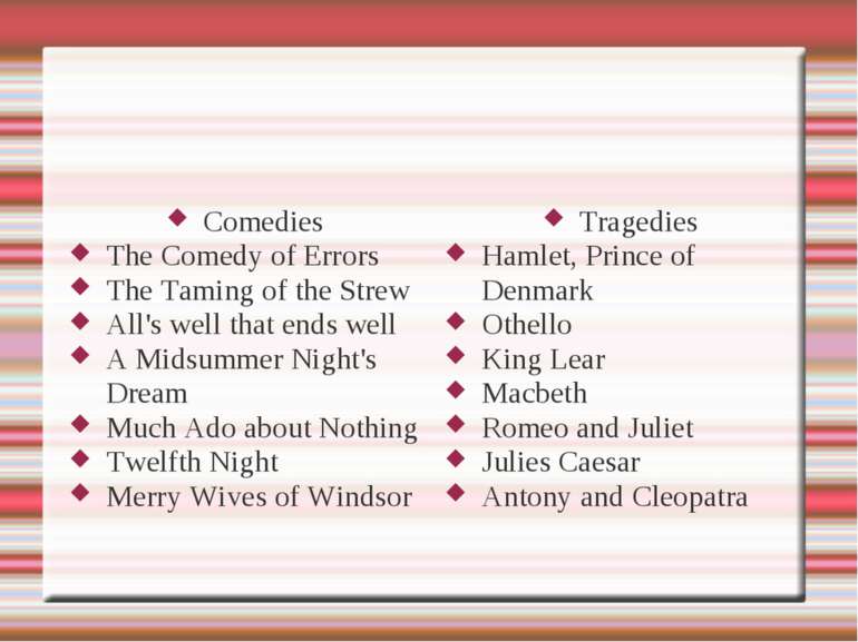 Comedies The Comedy of Errors The Taming of the Strew All's well that ends we...