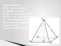 Елементи піраміди ABCD – основа піраміди S – вершина піраміди AB, BC, CD, DA ...