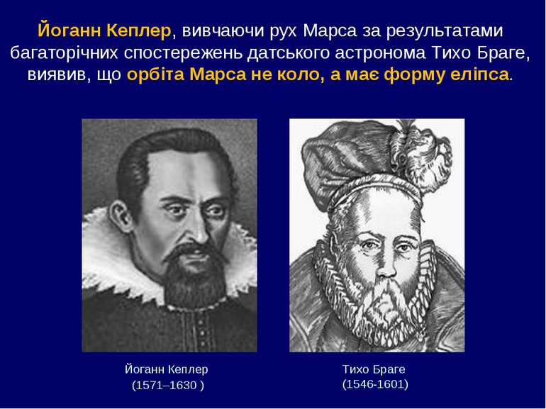 Йоганн Кеплер (1571–1630 ) Тихо Браге (1546-1601) Йоганн Кеплер, вивчаючи рух...