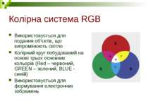 Колірна система RGB Використовується для подання об'єктів, що випромінюють св...