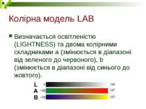 Колірна модель LAB Визначається освітленістю (LIGHTNESS) та двома колірними с...