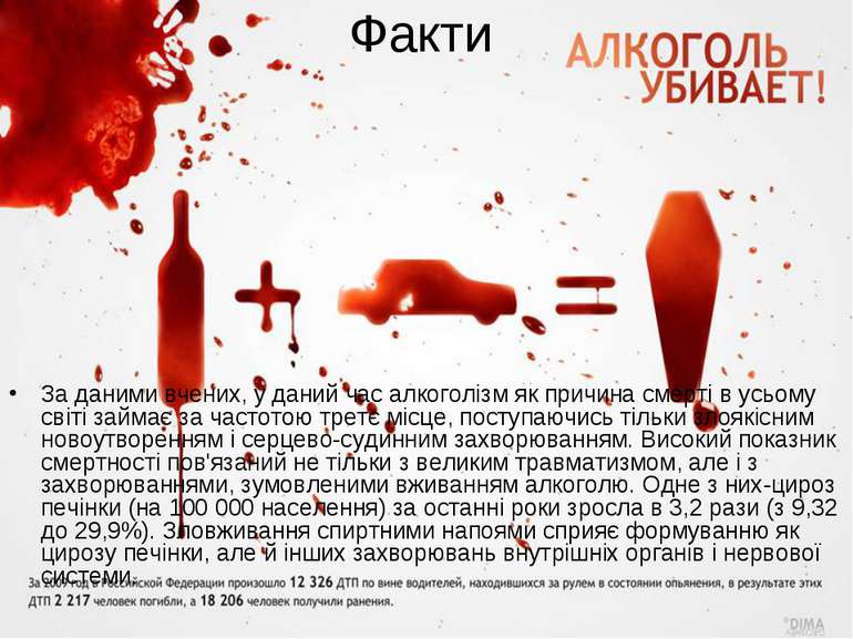 Факти За даними вчених, у даний час алкоголізм як причина смерті в усьому сві...