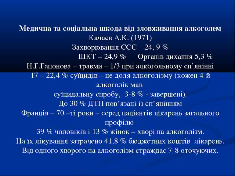 Медична та соціальна шкода від зловживання алкоголем Качаєв А.К. (1971) Захво...