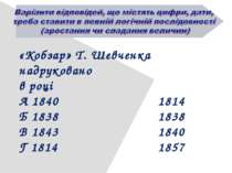«Кобзар» Т. Шевченка надруковано в році А 1840 1814 Б 1838 1838 В 1843 1840 Г...