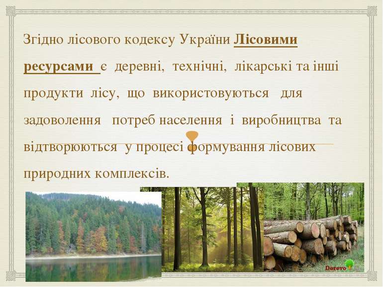Згідно лісового кодексу України Лісовими ресурсами є деревні, технічні, лікар...