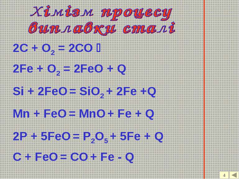 Si + 2FeO = SiO2 + 2Fe +Q 2Fe + O2 = 2FeO + Q Mn + FeO = MnO + Fe + Q 2P + 5F...