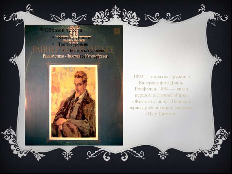1893 — початок дружби з Валерією фон Давід-Ронфельд. 1894 — вихід першої поет...
