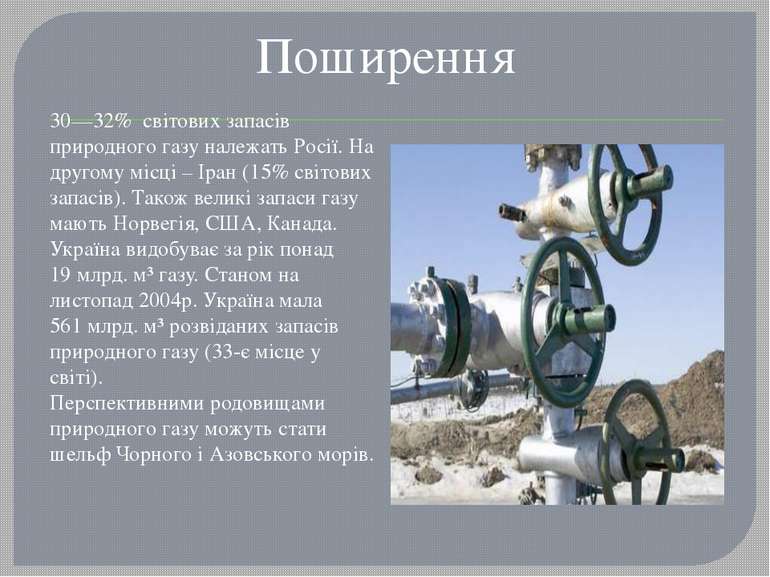 Поширення 30—32% світових запасів природного газу належать Росії. На другому ...