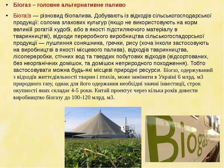 Біогаз – головне альтернативне паливо Біога з — різновид біопалива. Добувають...