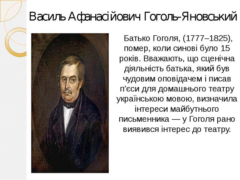 Василь Афанасійович Гоголь-Яновський Батько Гоголя, (1777–1825), помер, коли ...