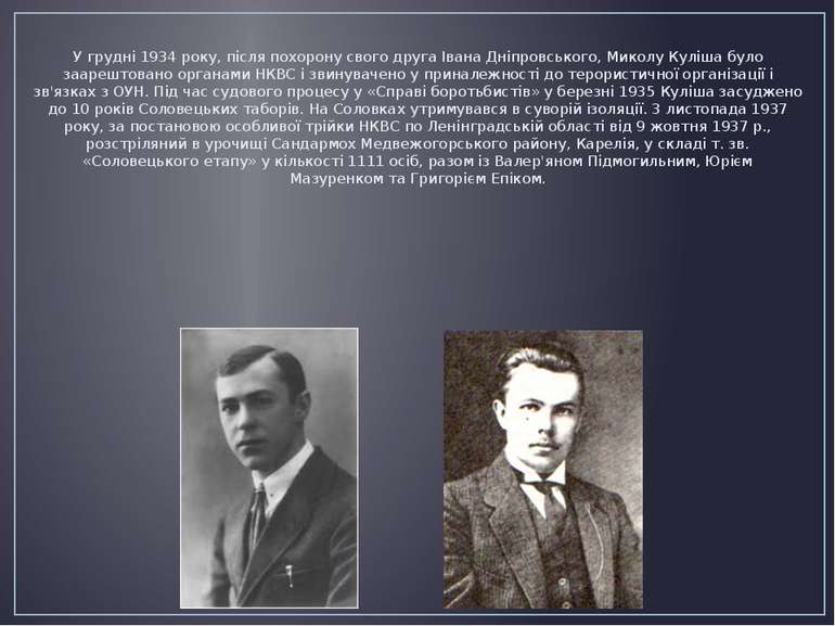 У грудні 1934 року, після похорону свого друга Івана Дніпровського, Миколу Ку...