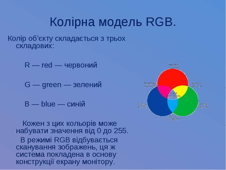 Колірна модель RGB. Колір об’єкту складається з трьох складових: R — red — че...