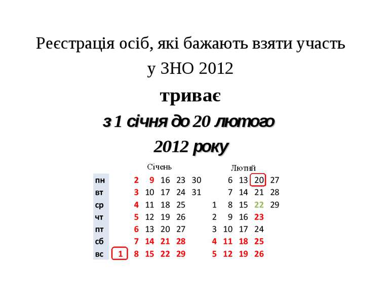 Реєстрація осіб, які бажають взяти участь у ЗНО 2012 триває з 1 січня до 20 л...