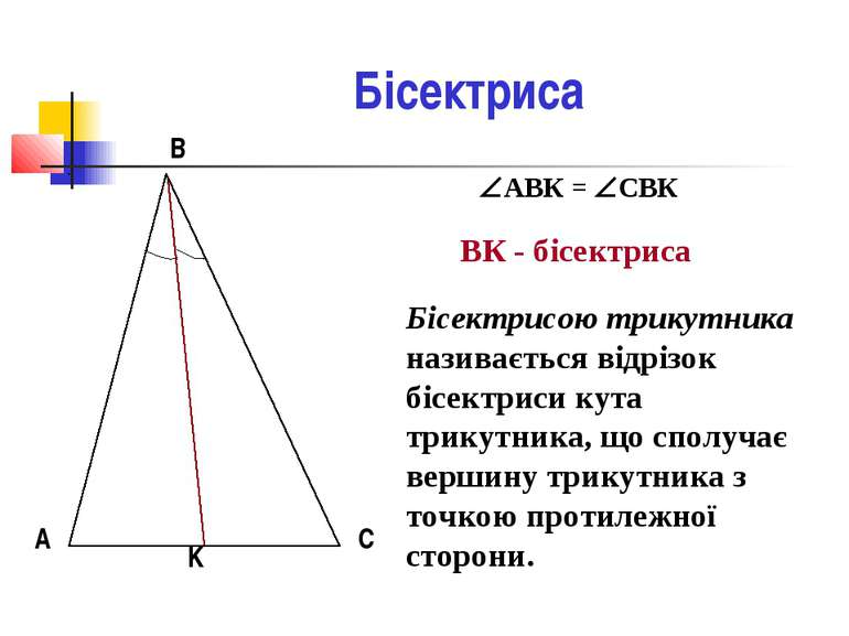 Бісектриса Бісектрисою трикутника називається відрізок бісектриси кута трикут...