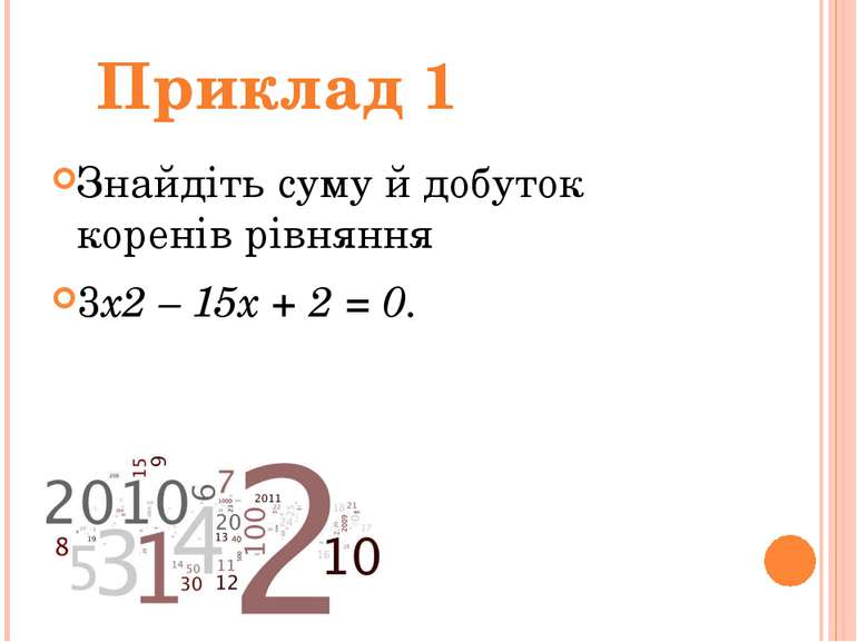 Знайдіть суму й добуток коренів рівняння  3x2 – 15x + 2 = 0. Приклад 1