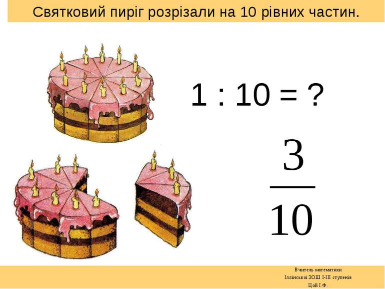 Святковий пиріг розрізали на 10 рівних частин. 1 : 10 = ? Вчитель математики ...