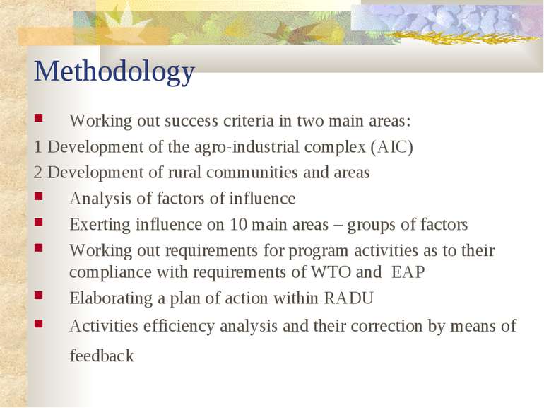 Methodology Working out success criteria in two main areas: 1 Development of ...