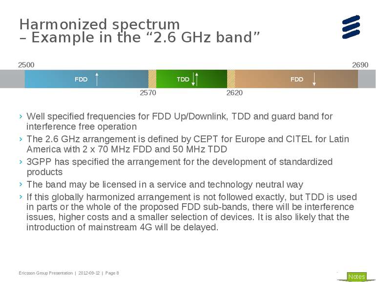 Harmonized spectrum – Example in the “2.6 GHz band” Well specified frequencie...