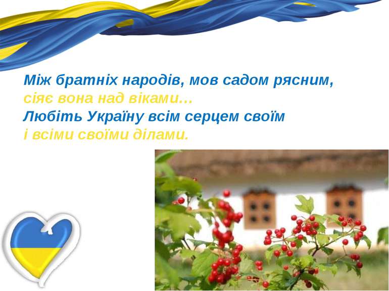 Між братніх народів, мов садом рясним,  сіяє вона над віками…  Любіть Україну...