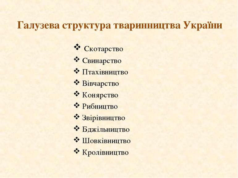 Галузева структура тваринництва України Скотарство Свинарство Птахівництво Ві...