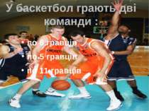 У баскетбол грають дві команди : по 6 гравців по 5 гравців по 11 гравців